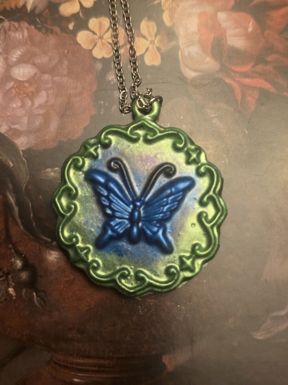 Green & Blue Resin Butterfly Pendant On Silver Stainless Steel Chain Necklace